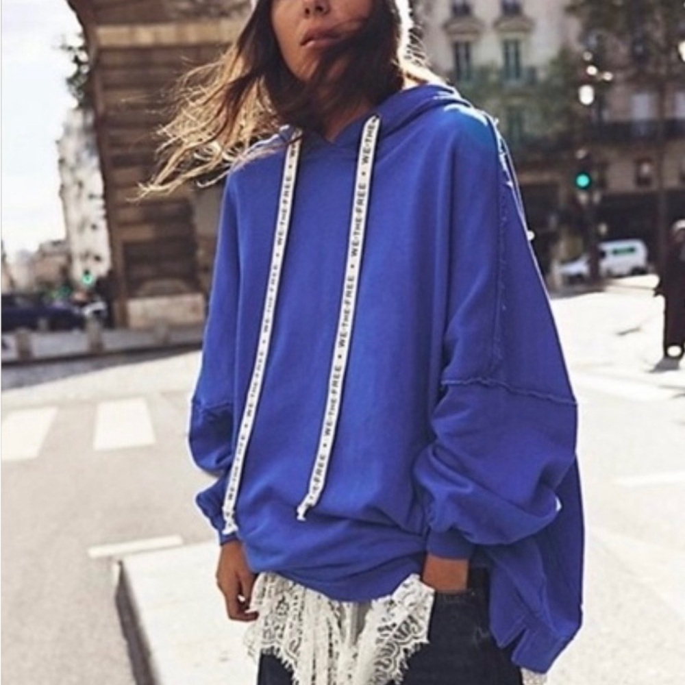 NWT Free People Blue Oversized Hoodie with Drawstring